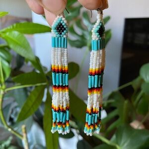 Handcrafted Beaded Earrings - Turquoise and White
